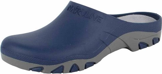 Blauwe Natulive klomp met grijze zool en 'Natulive' opdruk.