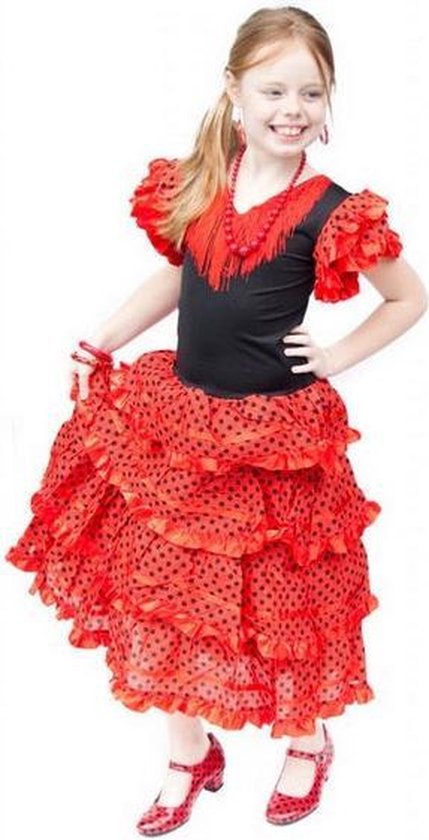 Robe espagnole - Flamenco - Rouge / Noir - Taille 116/122 (8) - Robe d'habillage