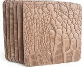 Lederen onderzetter Crocoprint Beige Zand kleur 6 stuks vierkant 10cm x 10cm| Tannery Leather