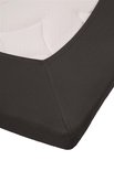 De hoek van een donkergrijs jersey topper hoeslaken op een matras met witte textuur.