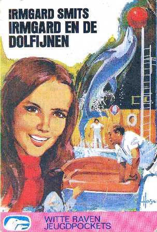 Boekomslag Irmgard en de dolfijnen met een portret van een vrouw en een springende dolfijn in een zwembad.