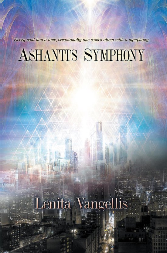 Couverture de livre avec le texte 'ASHANTI'S SYMPHONY' au-dessus d'une vue de ville nocturne. En dessous, 'Lenita Vangellis'.