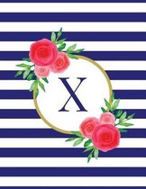 Navy and White Striped Coral Floral Monogram Journal with Letter X