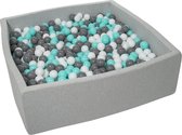 Ballenbak vierkant - grijs - 120x120x40 cm - met 1200 wit, grijs en turquoise ballen