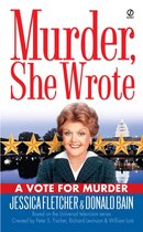 Boekomslag met Angela Lansbury als Jessica Fletcher voor 'Murder, She Wrote: A Vote for Murder'. 5 gouden sterren op de voorgrond.