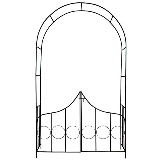 Zwarte metalen rozenboog met gebogen poortjes, ronde decoraties en een gebogen bovenkant.