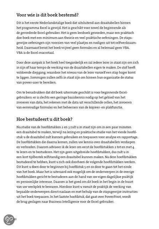 Pagina van het boek 'Excel: Draaitabellen' met de tekst 'Voor wie is dit boek bestemd?' en 'Hoe bestudeert u dit boek?'.