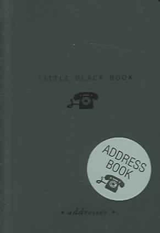 Donkerblauw adresboek met tekst 'LITTLE BLACK BOOK', een telefoonicoon en een ronde sticker met 'ADDRESS BOOK'.