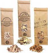 Smokey Olive Wood- 3X 500ml ROOKCHIPS, Olijfhout - Citroenhout – Steeneik, Rookmeel grote chips ø 2CM – 3 CM