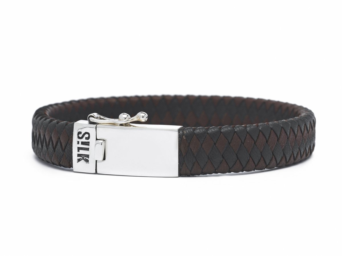 SILK Jewellery - Zilveren Armband - Alpha - 841BBR.21 - bruin/zwart leer - Maat 21