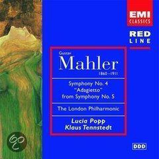 Hoes van Gustav Mahlers Symfonieën nr. 4 & 5, met Lucia Popp en Klaus Tennstedt. Rood met blauwe tekst.