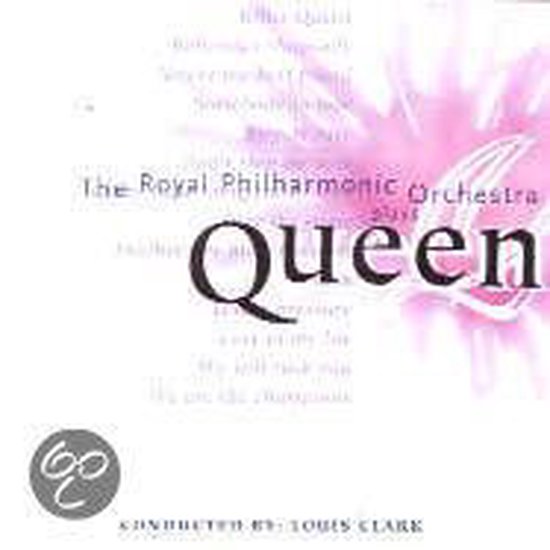 Pochette d'album de The Royal Philharmonic Orchestra joue Queen, avec le titre 'Queen' en grosses lettres et une fleur rose.