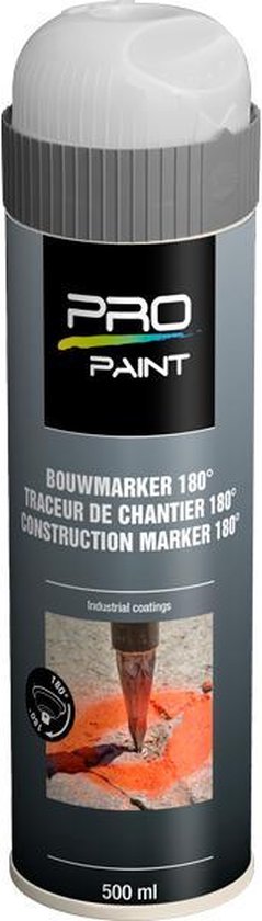 PRO PAINT bouwmarker 180 graden in spuitbus, 500 ml. Grijze dop en spuitmond.