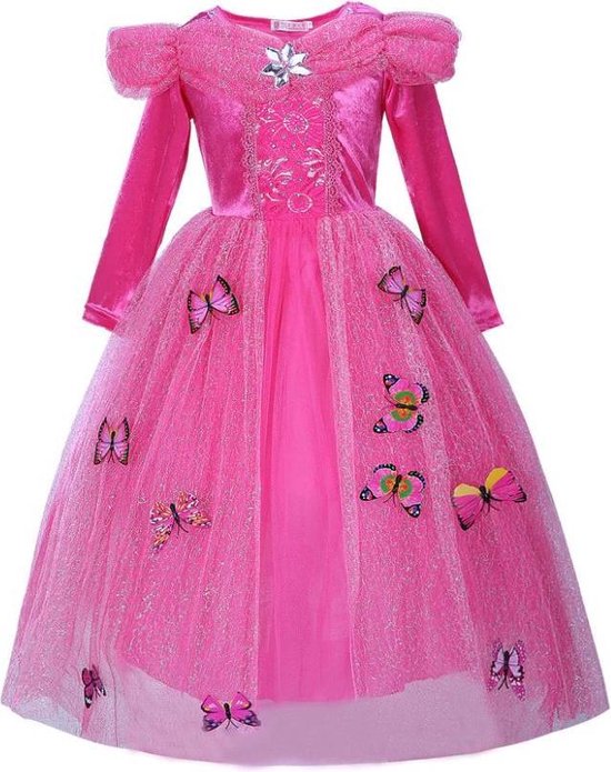 Prinsessen jurk verkleedjurk 104-110 (110) fel roze Luxe met vlinders +  GRATIS kroon | bol.com