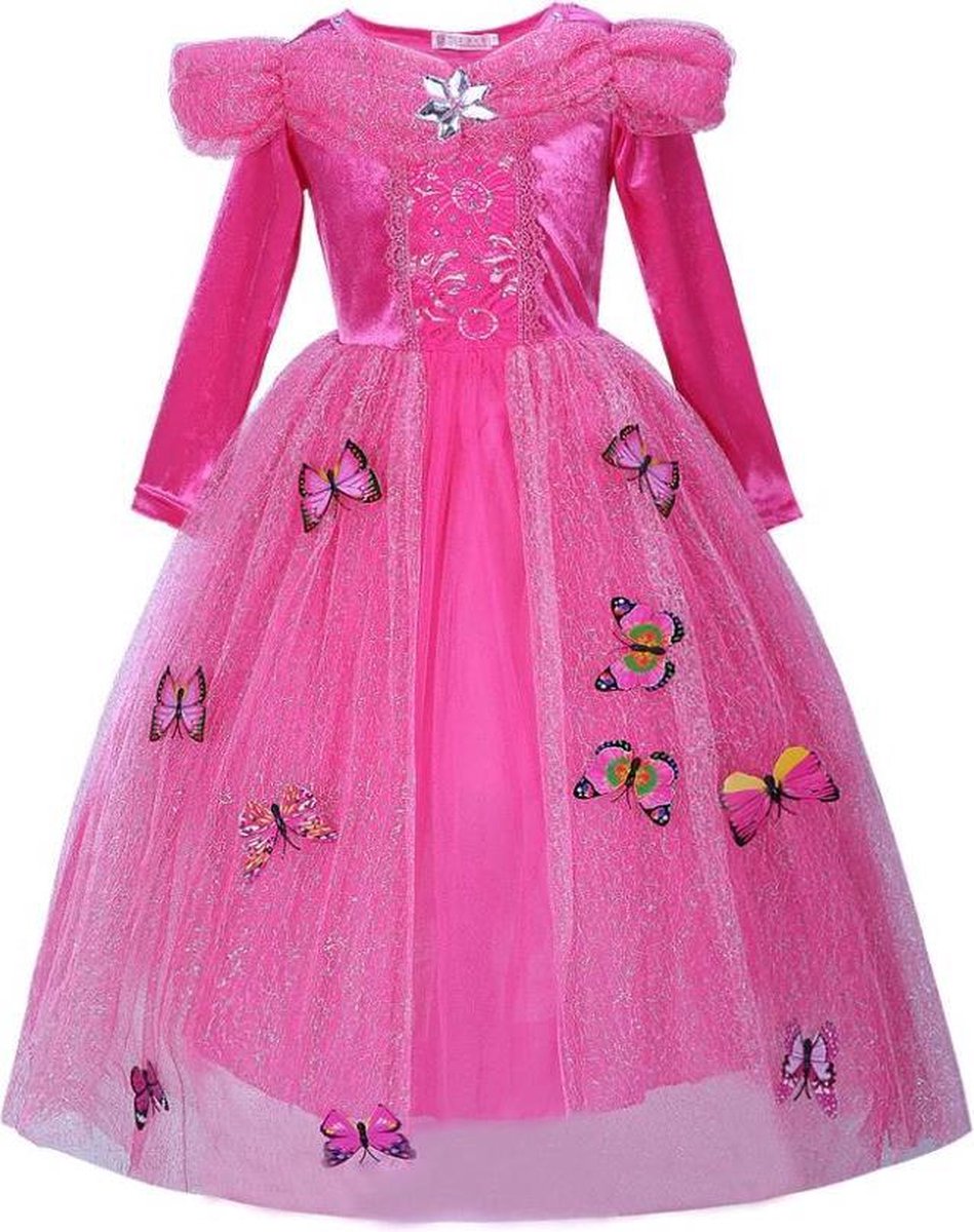 Prinsessen jurk verkleedjurk 104-110 (110) fel roze Luxe met vlinders +  GRATIS kroon | bol