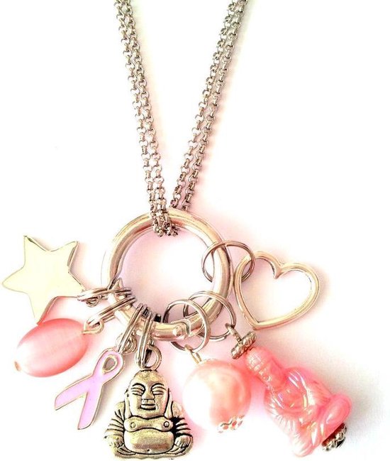 Jewellicious Designs Lucky Pink Buddha Charm ketting voor Pink Ribbon - Collier - roze - verwisselbaar - Pink Ribbon