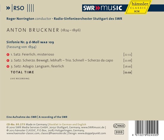 CD-hoes met tekst: Anton Bruckner, Sinfonie Nr. 9 d-Moll, Roger Norrington, Radio-Sinfonieorchester Stuttgart des SWR.