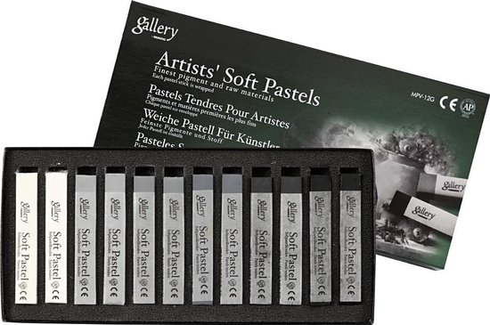 Doos met 12 Gallery Soft Pastels in grijstinten, van wit naar zwart, netjes in een zwarte tray.