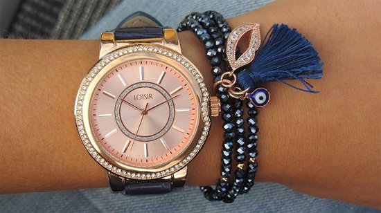 LOISIR horloge dames donkerblauw leder horlogebandje 40 mm - rosé goud | bol.com