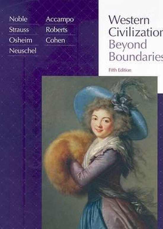 Boekomslag: "Western Civilization Beyond Boundaries" met een schilderij van een vrouw met blauwe hoed en bruine bontjas.
