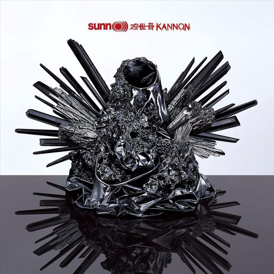 Abstracte zwarte sculptuur met glanzende en matte texturen, met scherpe, uitstekende punten. Logo met tekst "SUNN 观世音 KANNON".