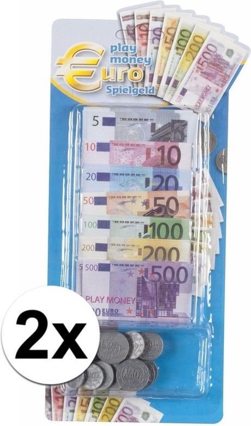 Set van 2x stuks speelgoed kassa euro speelgeld 90 delig - Speelgoed munten en biljetten