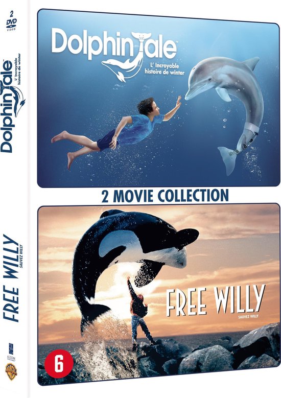 DVD-hoes met bovenop 'Dolphin Tale' en onderop 'Free Willy'. Een jongen zwemt met een dolfijn, een jongen staat op rotsen met een orka.