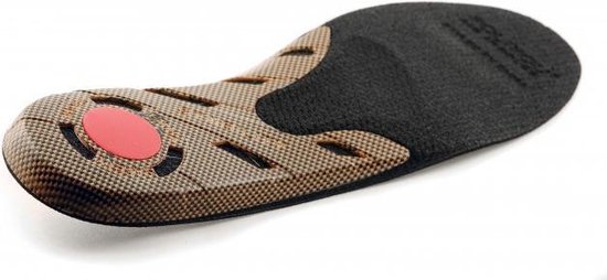Orthopedische inlegzool met zwart textiel, bruine textuur en een rode cirkel op de hiel.