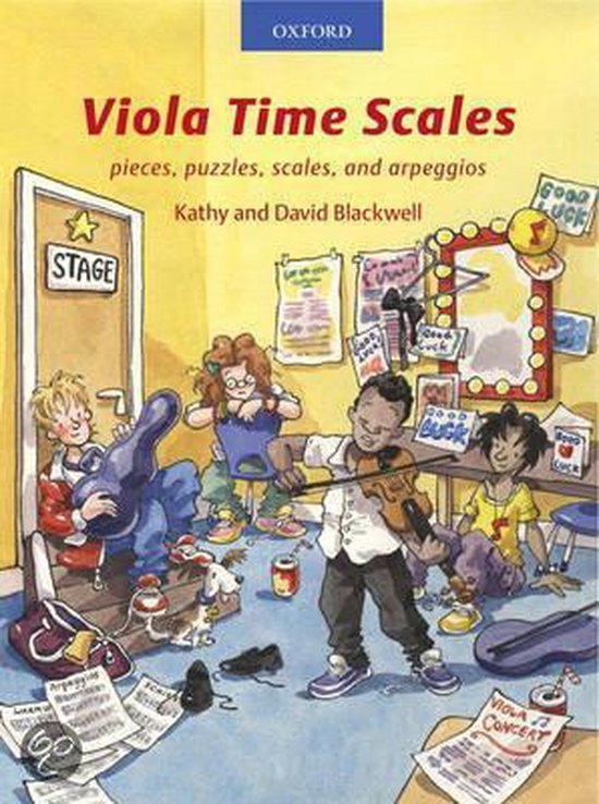 Couverture du livre 'Viola Time Scales' avec des illustrations d'enfants prenant des leçons de musique : un garçon joue du violon, une fille avec un alto, des feuilles de musique.