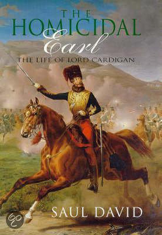 Boek 'The Homicidal Earl', met een afbeelding van een man te paard in militair uniform, zwaard in de hand.
