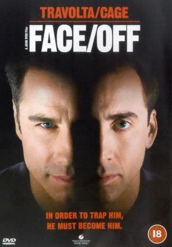 DVD-hoes van Face/Off met John Travolta en Nicolas Cage. "In order to trap him, he must become him."