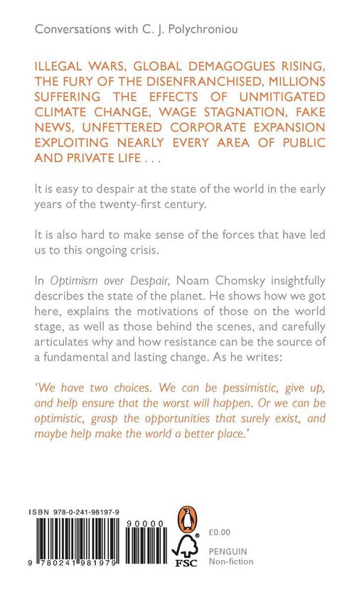 Dos du livre "Optimism Over Despair" de Noam Chomsky, avec le texte et le code-barres ISBN.
