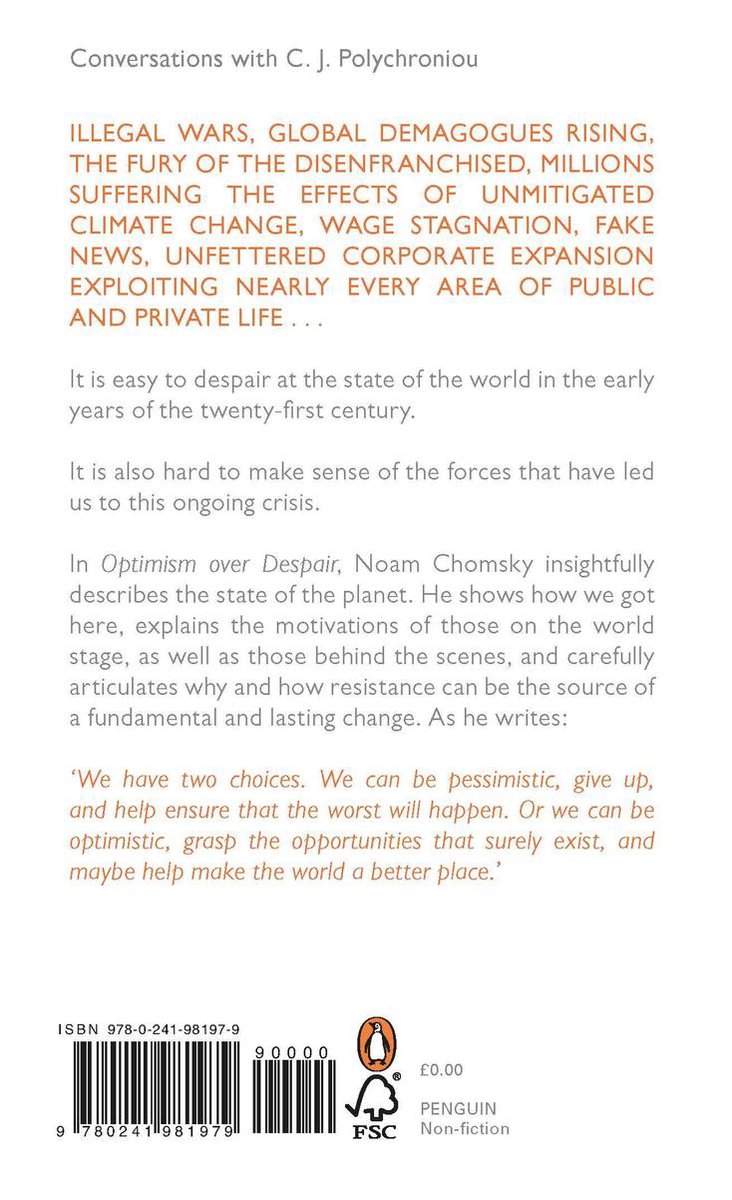 Dos du livre "Optimism Over Despair" de Noam Chomsky, avec le texte et le code-barres ISBN.