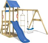 WICKEY Cadre d'escalade pour jardin TinyPlace avec balançoire et toboggan bleu, Aire de jeux en bois, Tour de jeu pour l'extérieur avec bac à sable et échelle d'escalade pour enfants