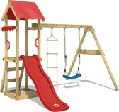 WICKEY speeltoestel klimtoestel TinyCabin met schommel & rode glijbaan, outdoor klimtoren voor kinderen met zandbak, ladder & speelaccessoires voor de tuin