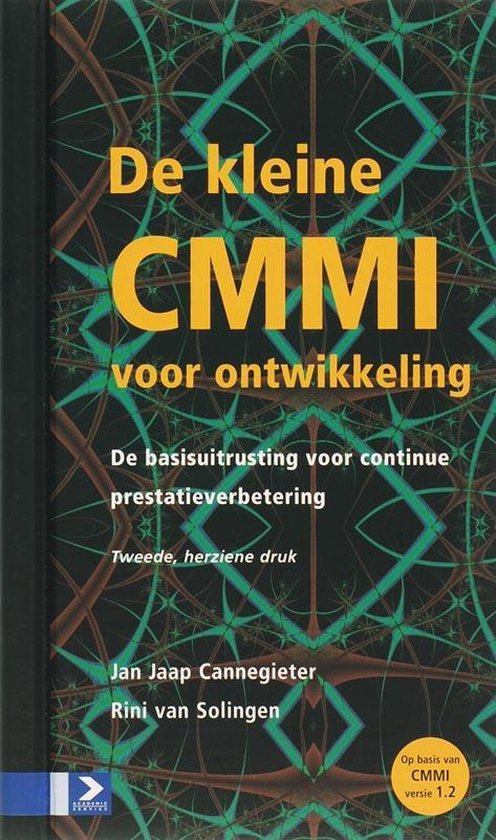 Boekomslag met gele tekst 'De kleine CMMI voor ontwikkeling' en een groen abstract patroon.