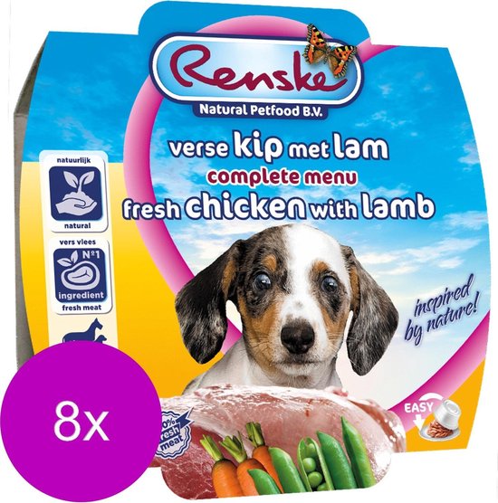 Renske Puppy Vers Vlees Maaltijd - Kip Lam - Hondenvoer - 8 x 100 g
