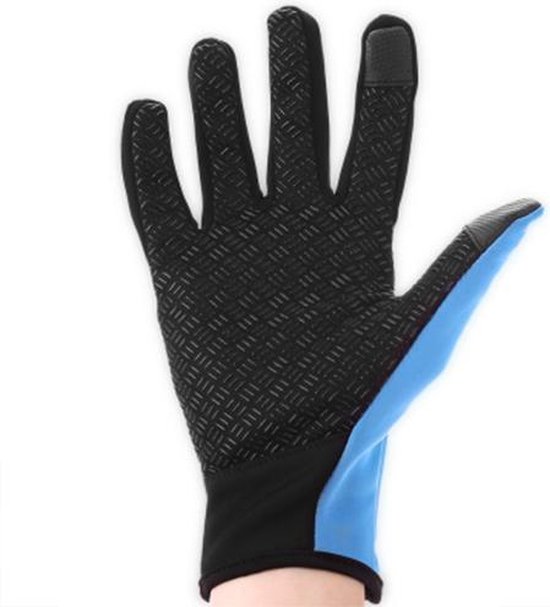 Buitenzijde van een blauwe fietshandschoen met zwarte antislip handpalm.