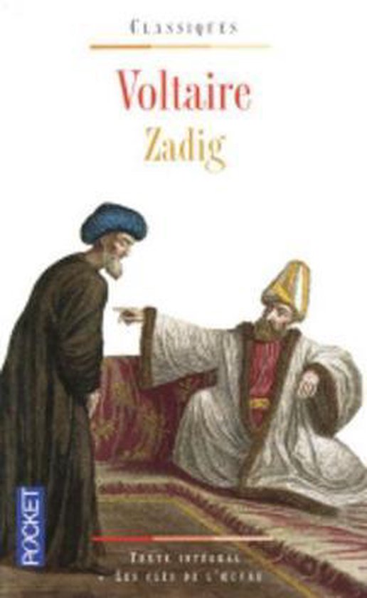 Couverture du livre Zadig de Voltaire avec deux hommes en tenue historique.