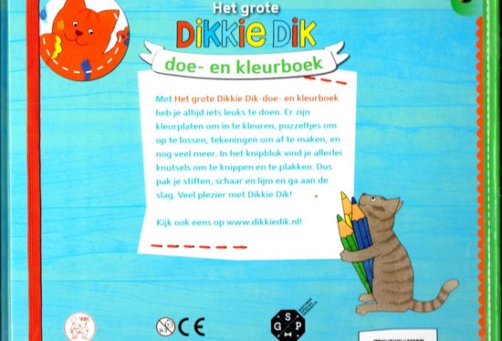 Grijze kat met gekleurde potloden voor een boek met Dikkie Dik, teksten en tekeningen.