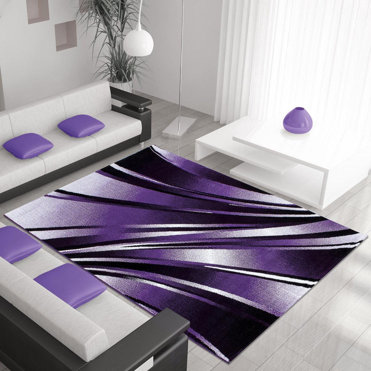 Ayyildiz Laagpolig vloerkleed met abstract golfpatroon, violette kleur, geschikt voor de woonkamer, met een jute achterkant, afmetingen: 80 x 150 cm Lila