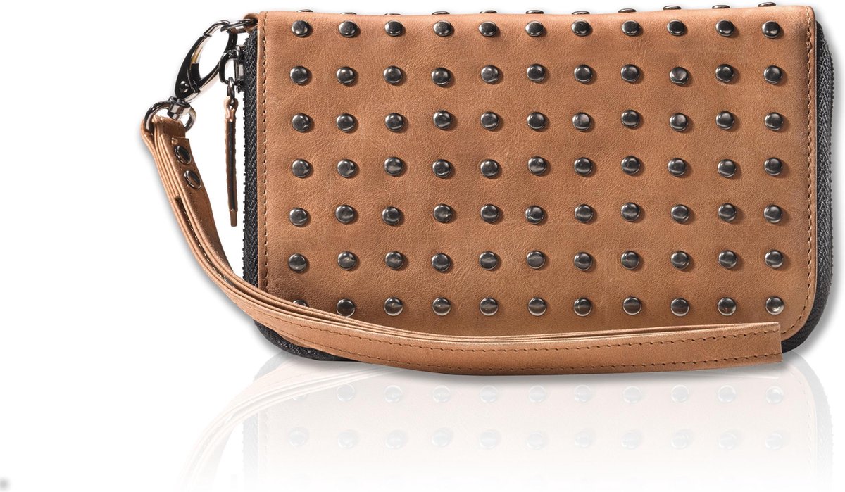 Decoded Leather Zip Wallet - Portemonnee met Studs - óók voor iPhone 4 / 5 / 5s / SE - Bruin
