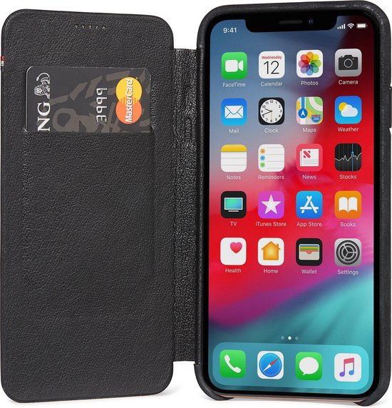 Etui portefeuille fin DECODED pour iPhone Xs Max, ultra fin, cuir pleine fleur + boutons en métal + fente pour carte + fermeture magnétique [ Zwart ]
