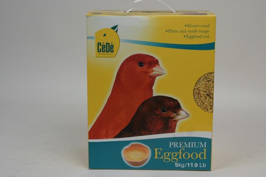 Verpakking voor premium eivoer met rode kanaries. Tekst: Eivoer rood, Eggfood red, 5kg.