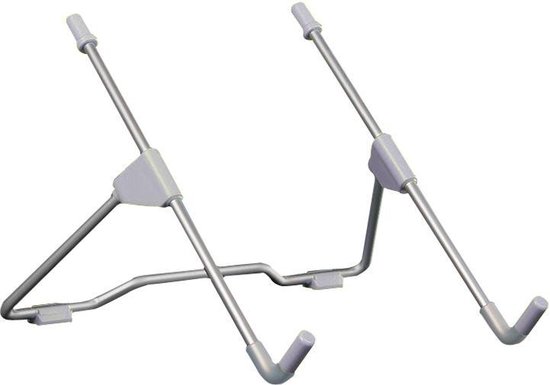 Un support d'ordinateur portable réglable en métal argenté avec des accents gris.