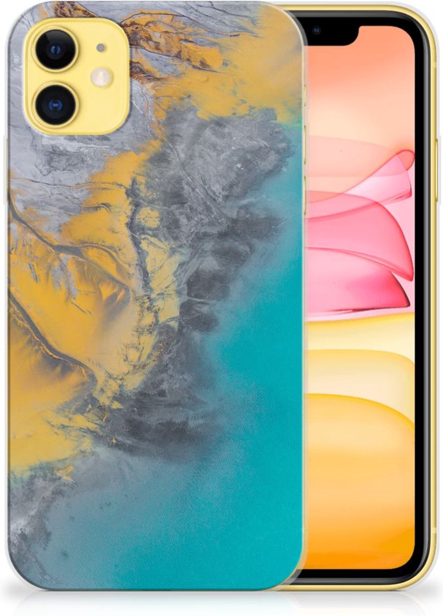 Apple iPhone 11 TPU Siliconen Hoesje Marble Blue Gold
