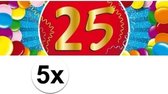 5x 25 Jaar leeftijd stickers 19 x 6 cm - 25 jaar verjaardag/jubileum versiering 5 stuks