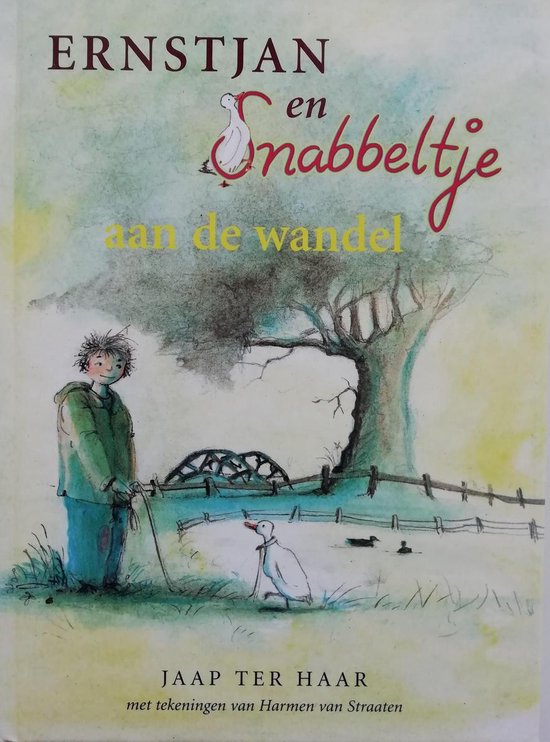 Boek "Ernstjan en Snabbeltje aan de wandel" met een tekening van een jongen met een hond, een eend en een brug.