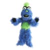 Blauwe monsterpop met pluizige vacht, groene kuif en buik