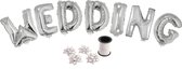Folie ballonset zilver met letters WEDDING 41 cm + geschenklint 10m met 4 witte strikken